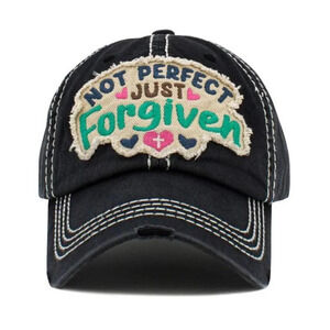 Womens Not Perfect Just Forgiven Cross Pink Baseball Cap Hat in Distressed Black